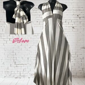 ESTAM Plunge Neck Halter Maxi Dress Sexy Gray White Chevron Strip Romantic SZ L